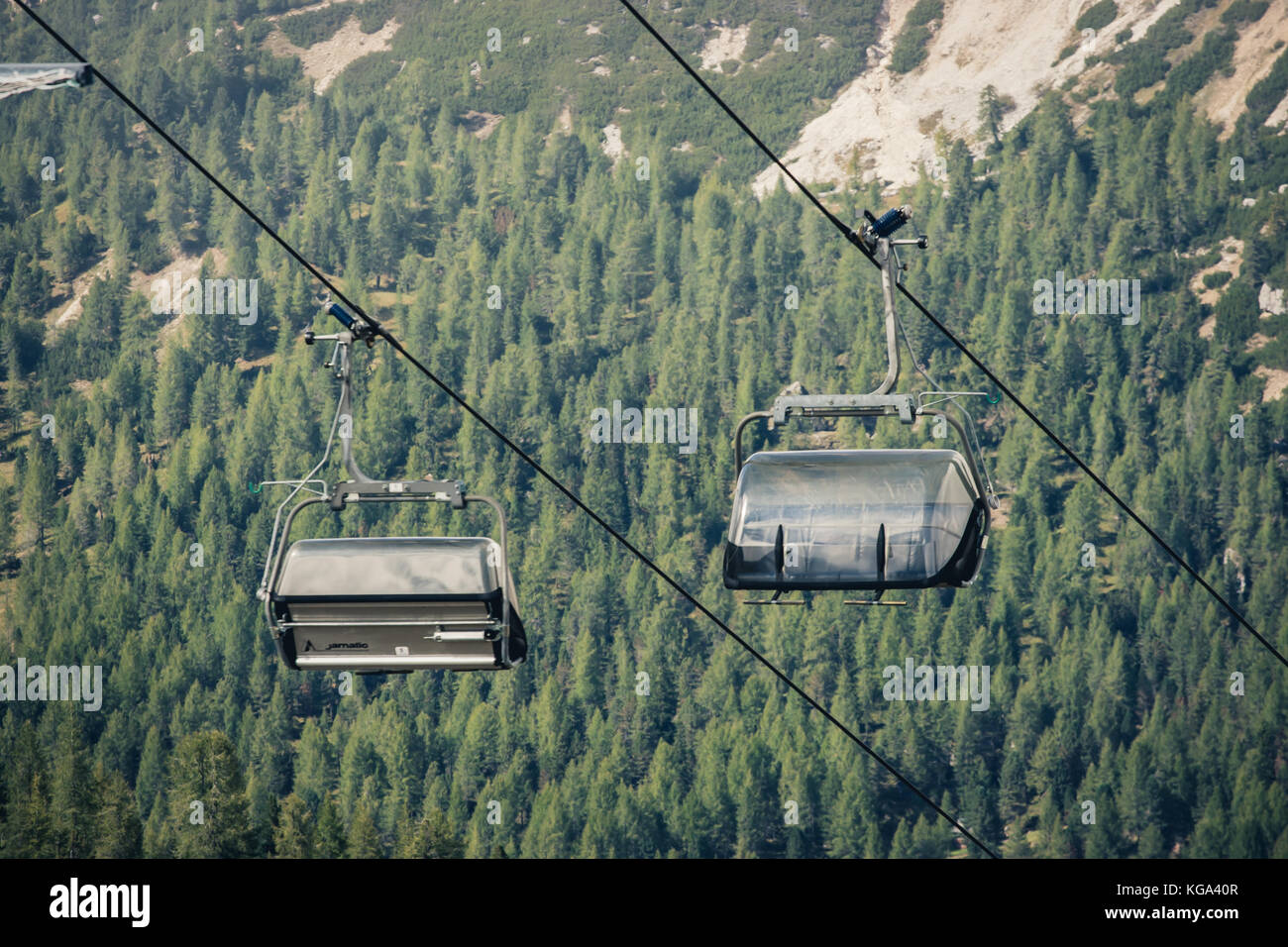 Cinque Torri, télésiège à Cortina D'Ampezzo, Dolomites, Italie. Banque D'Images