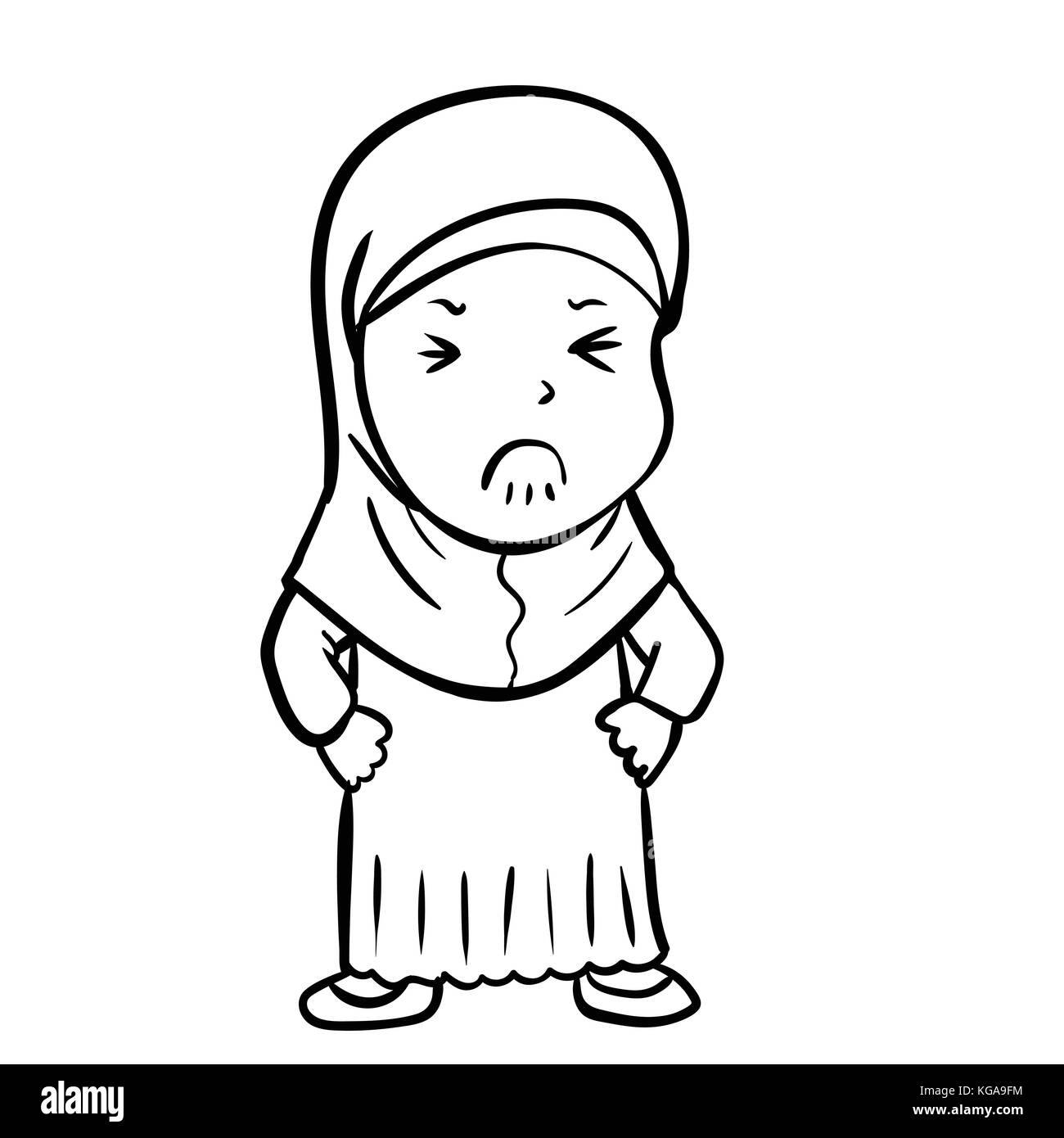 Dessin à la main frustrée jeune musulmane cartoon, isolé sur fond blanc. noir et blanc simple ligne vector illustration pour livre à colorier - ligne dr Illustration de Vecteur