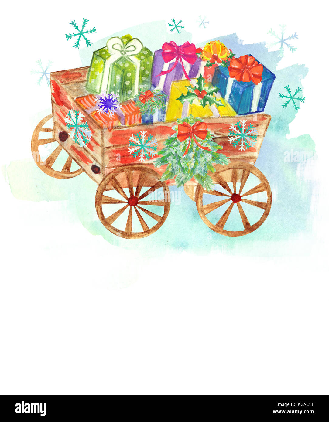 Wagon en bois aquarelle avec présente Banque D'Images