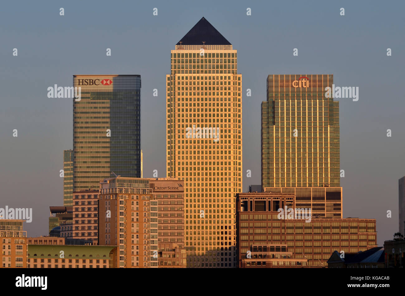 Canary Wharf, London, UK. HSBC, n°1 Canada Square, Citi et Credit Suisse édifices toutes visibles. Banque D'Images