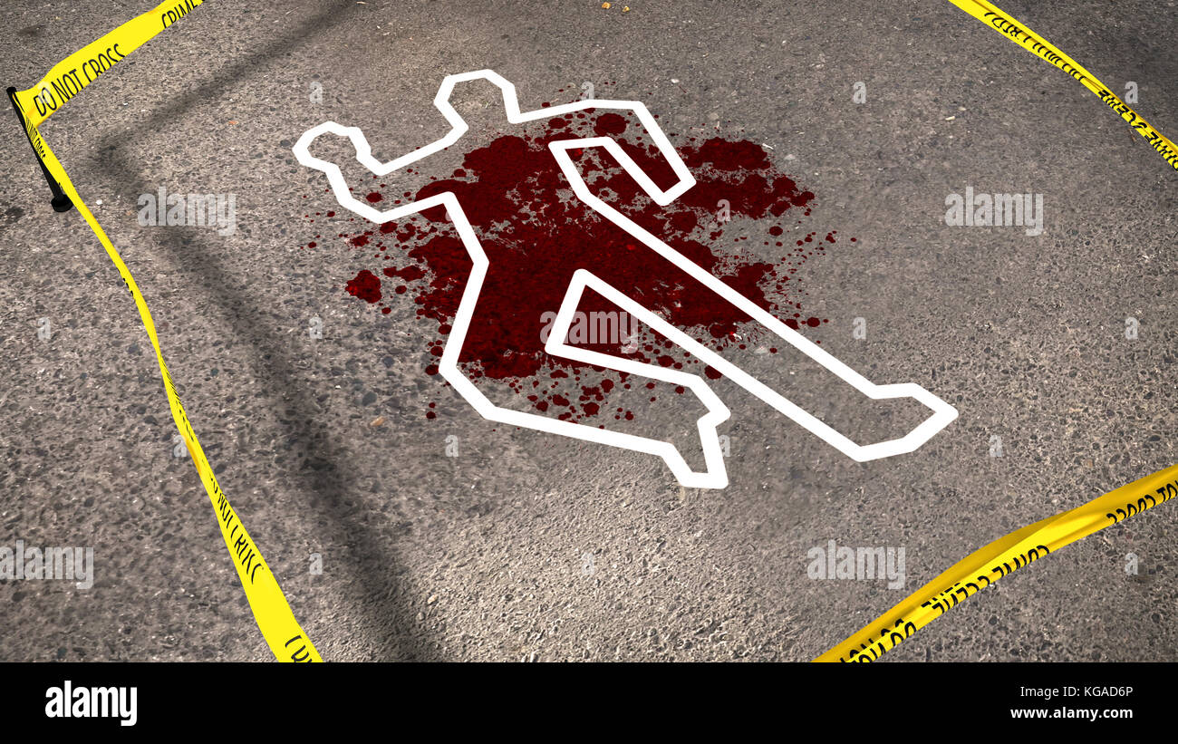 Une Enigmatique 3d Illustration D Une Scene De Crime Avec Un Flou Sur L Asphalte Gris La Bande Jaune Fait Barriere Aux Passants Le Dessin A La Craie O Photo Stock Alamy