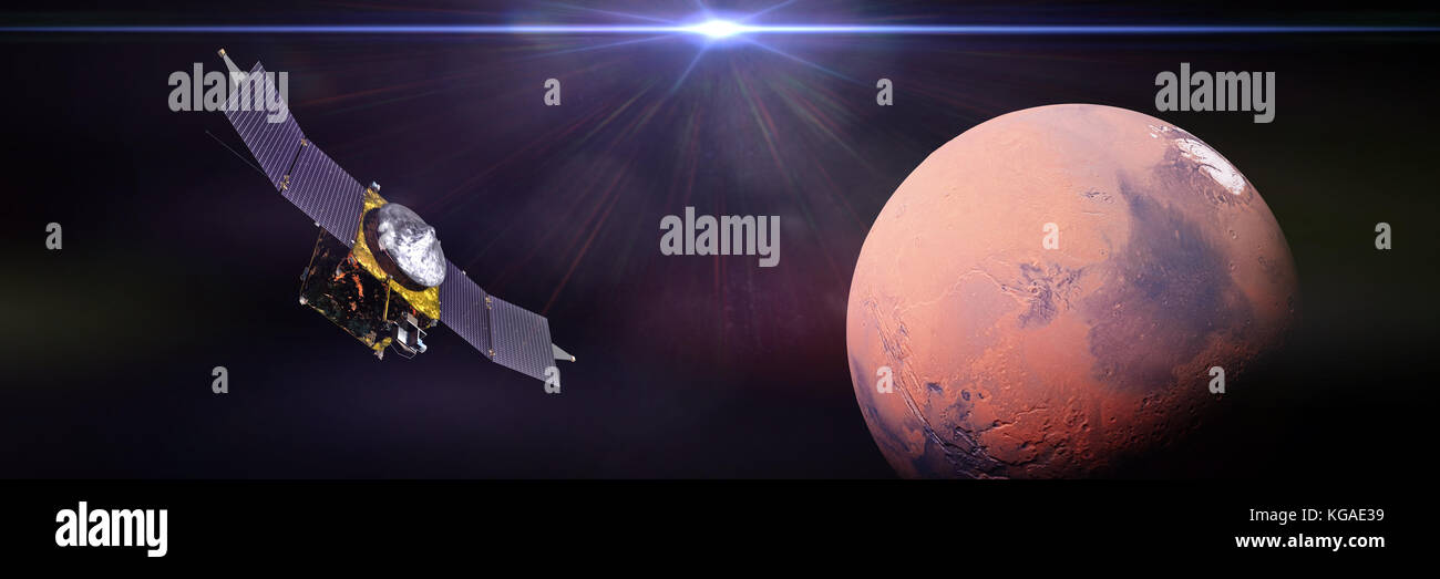 Sonde spatiale maven en face de la planète mars et le soleil Banque D'Images