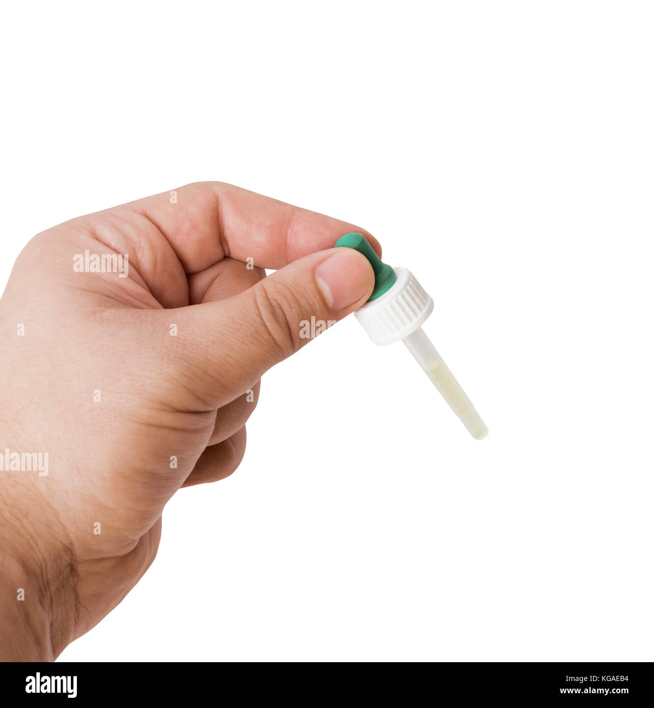 L'homme de main (chercheur, médecin) maintient la pipette pour drop, médicament ou substance chimique laboratoire. isolé sur fond blanc avec clipping path Banque D'Images