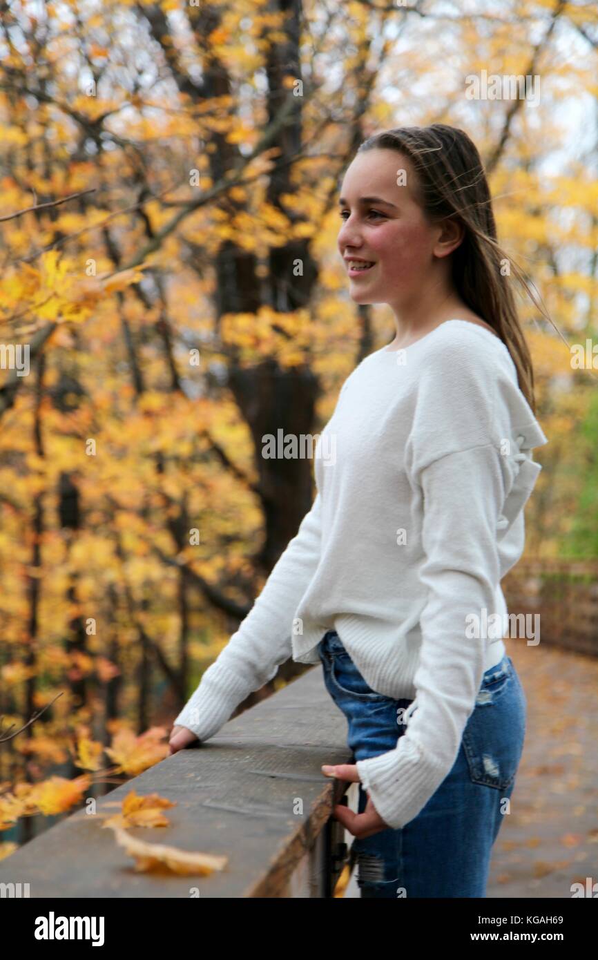 Portrait of a young woman smiling qu'elle en a l'air sur un pont dans la forêt avec les feuilles d'automne Banque D'Images
