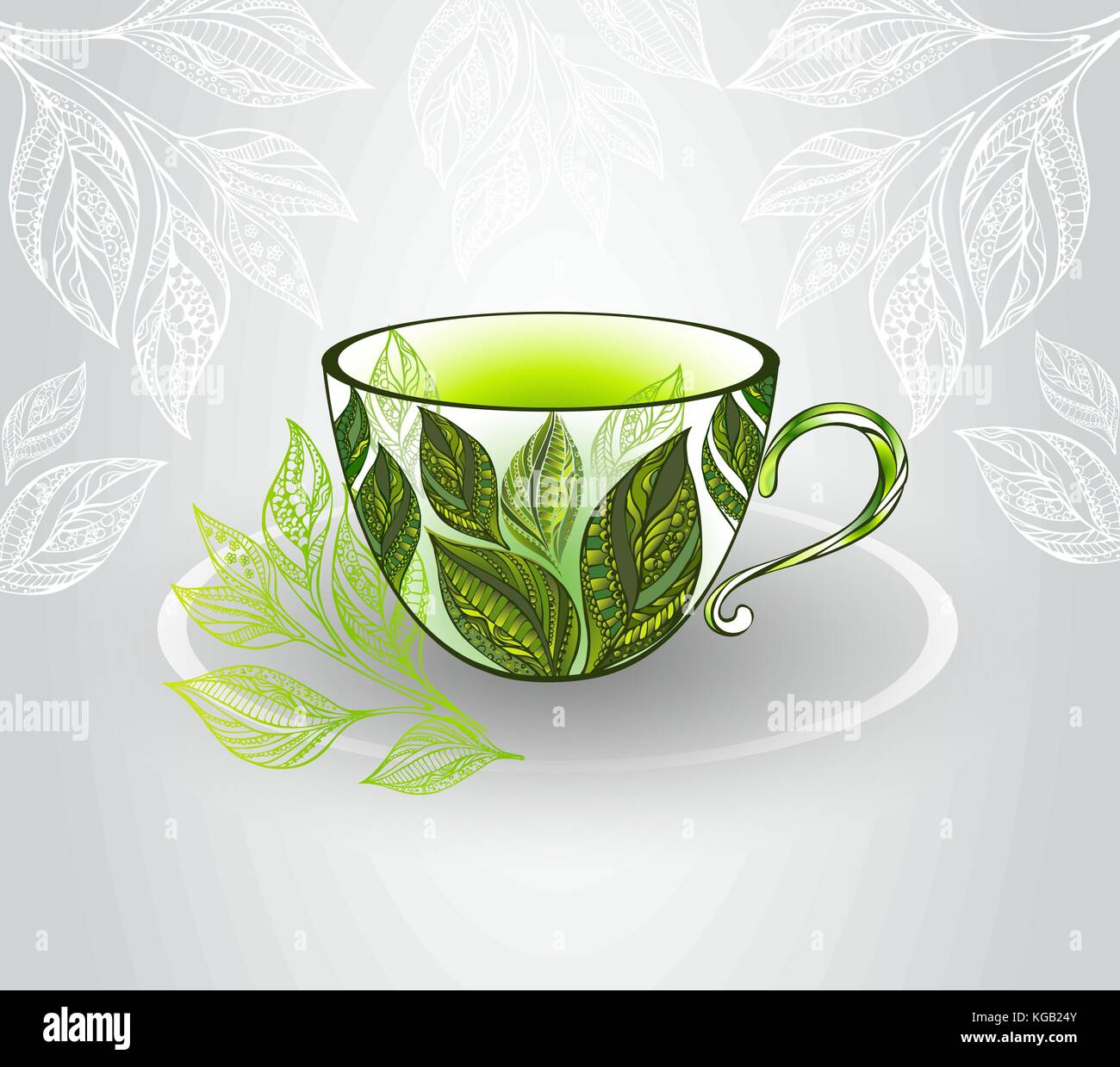 Tasse en porcelaine décorée de feuilles de thé à motifs sur un fond gris. plateau design. Illustration de Vecteur