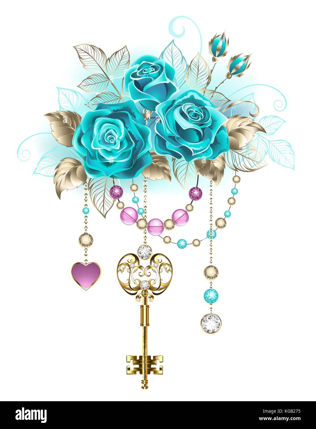 Clé d'or antique avec des roses turquoise décoré avec des feuilles d'or blanc et rose et perles bleues. à la mode couleur. turquoise blanc aller roses. Illustration de Vecteur