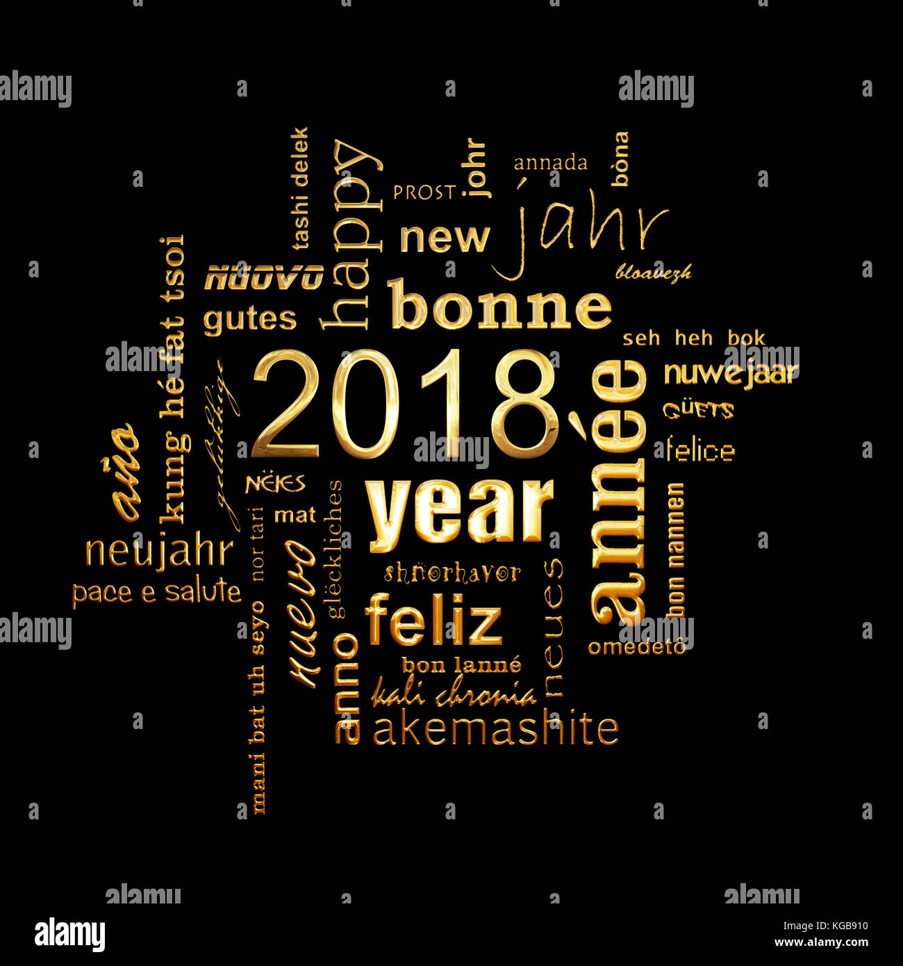2018 Nouvelle année d'or nuage de mots de texte multilingue square carte de souhaits sur fond noir Banque D'Images