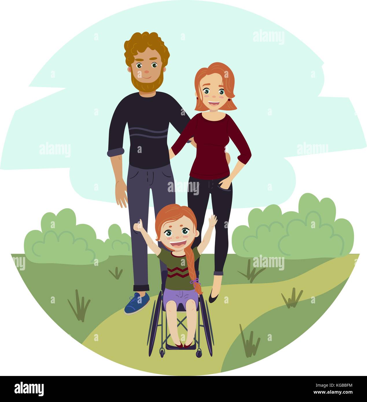 Famille heureuse avec mobilité Fauteuil roulant girl Illustration de Vecteur