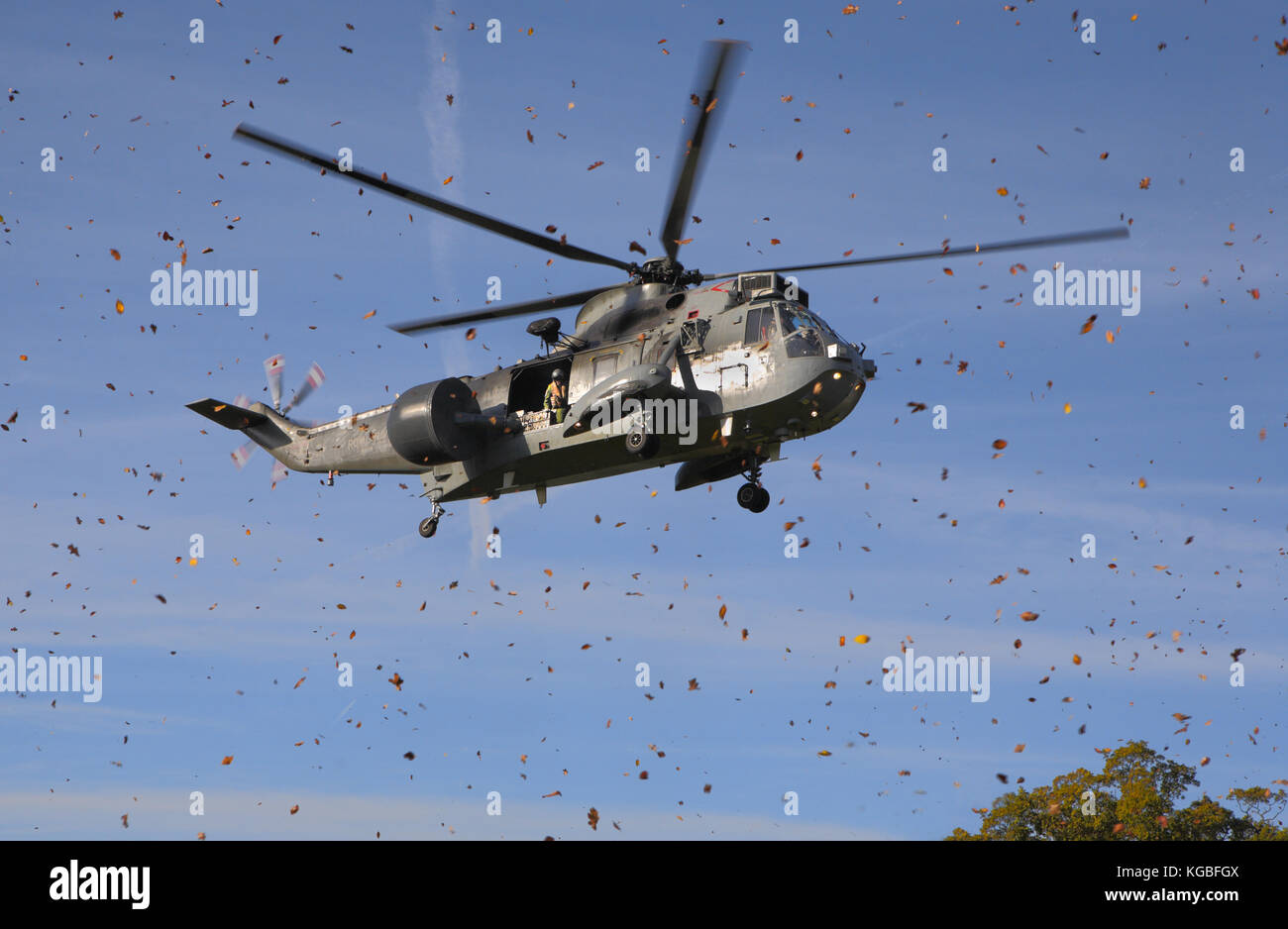 Un hélicoptère Sea King sur les terres du village dans le Devon, Bishopsteignton vert lors d'une visite pour des enfants des écoles locales pour voir l'hélicoptère. Banque D'Images