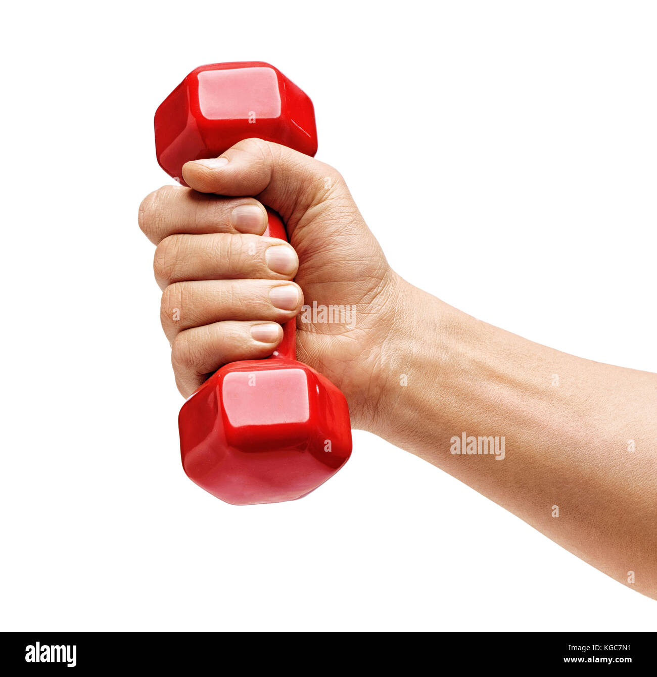 Man's hand holding red dumbbell isolé sur fond blanc. close up. concept de vie sain Banque D'Images