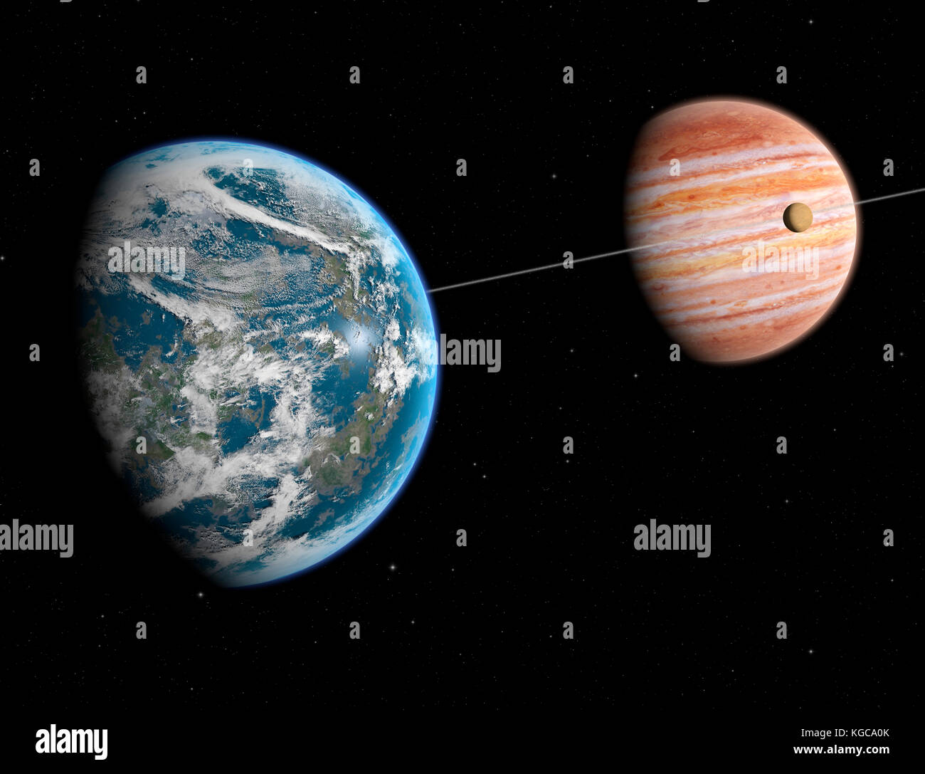 La reconstruction théorique d'un système extrasolaire. visible une terre comme planète en orbite autour d'une planète gazeuse géante. Banque D'Images