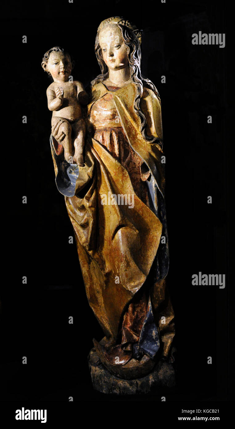 Vierge à l'enfant, ca. 1500-1510. La sculpture en bois polychrome. moszczenica, Pologne. musée de Silésie. Katowice. Pologne. Banque D'Images