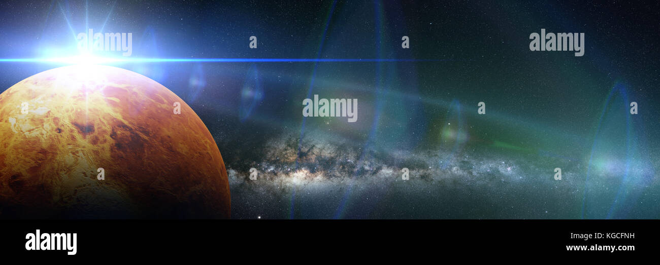 Planète vénus éclairée par le soleil et la voie lactée Banque D'Images