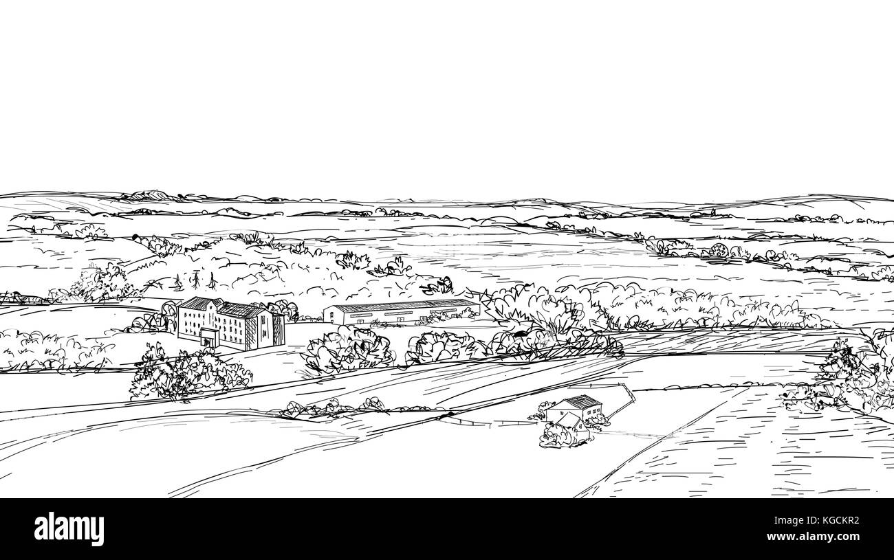 Paysage rural. Vue sur la campagne. meadow et champs skyline doodle croquis gravure Illustration de Vecteur