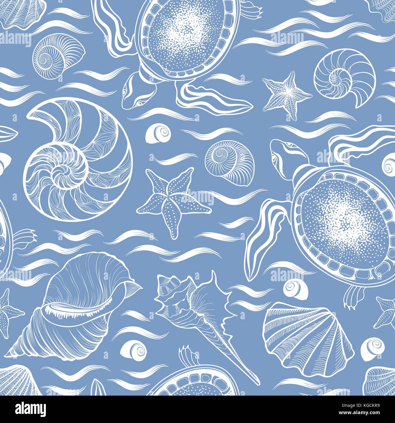Mensonge marine modèle homogène. seashell, tortue, mollusque, vagues de l'arrière-plan Illustration de Vecteur
