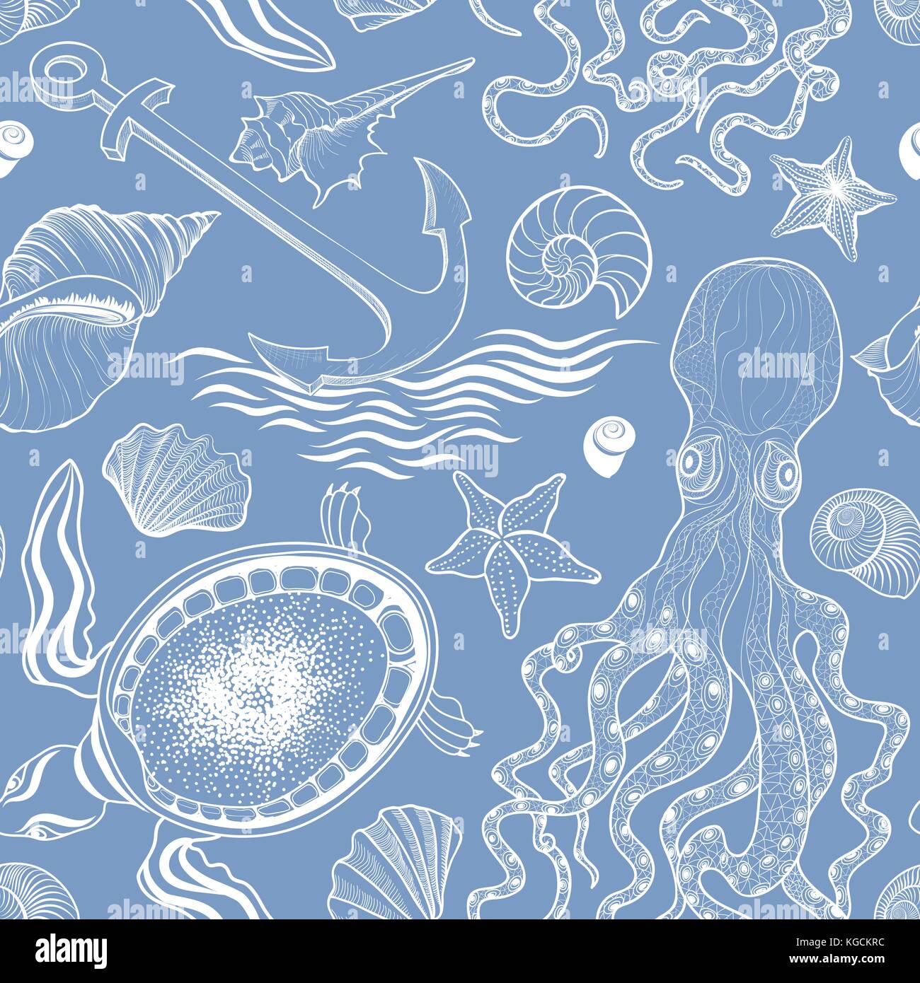 La vie marine modèle homogène. seashell, tortue, pieuvre. fond de l'océan Illustration de Vecteur