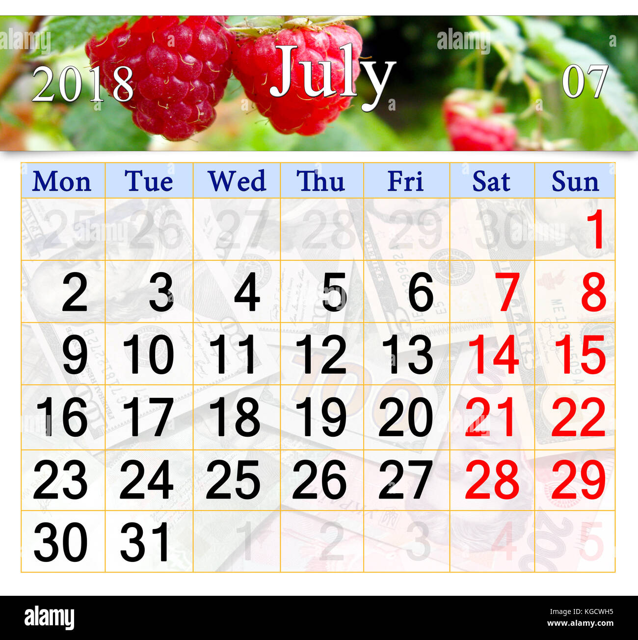 Calendrier pour juillet 2018 sur l'arrière-plan de framboise rouge mûre Banque D'Images