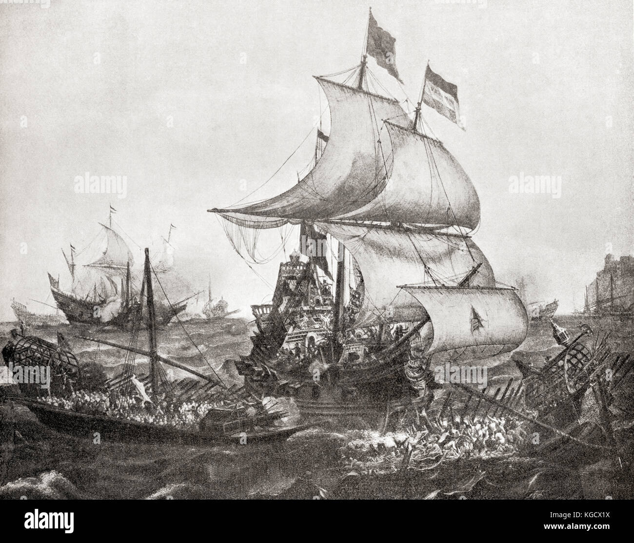 Bataille navale de Gibraltar, 25 avril 1607. Une flotte néerlandaise surprit et engagea une flotte espagnole ancrée dans la baie de Gibraltar, au cours de laquelle la plupart des navires espagnols furent détruits. Extrait de l'Histoire des Nations de Hutchinson, publié en 1915. Banque D'Images