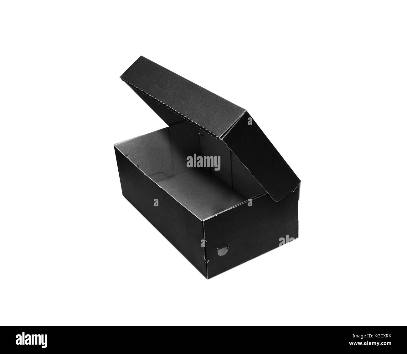 Boîte en carton noir vide avec couvercle ouvert isolé sur fond blanc. avec chemin de détourage. Banque D'Images