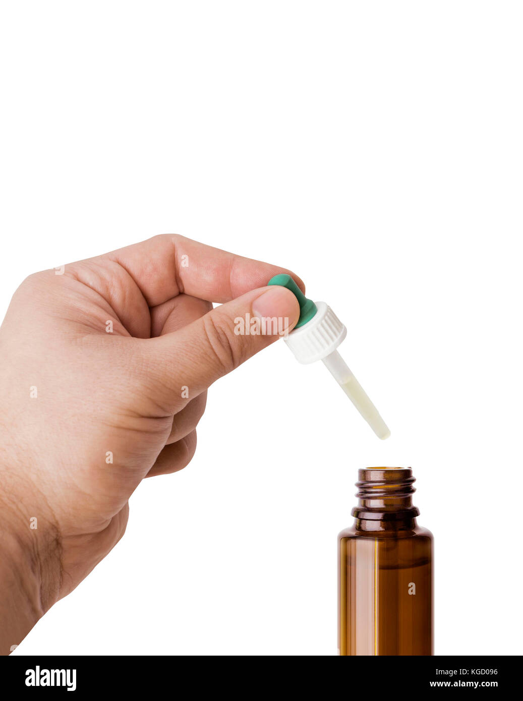 Homme de science, médecin garde la pipette pour tomber sur le récipient avec le liquide, de médicaments ou de produits chimiques de laboratoire. b Banque D'Images