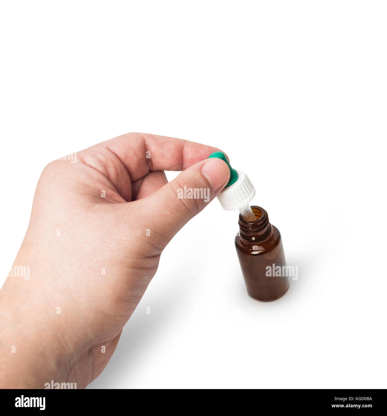 Homme de science, médecin garde la pipette pour tomber sur le récipient avec le liquide, de médicaments ou de produits chimiques de laboratoire. b Banque D'Images