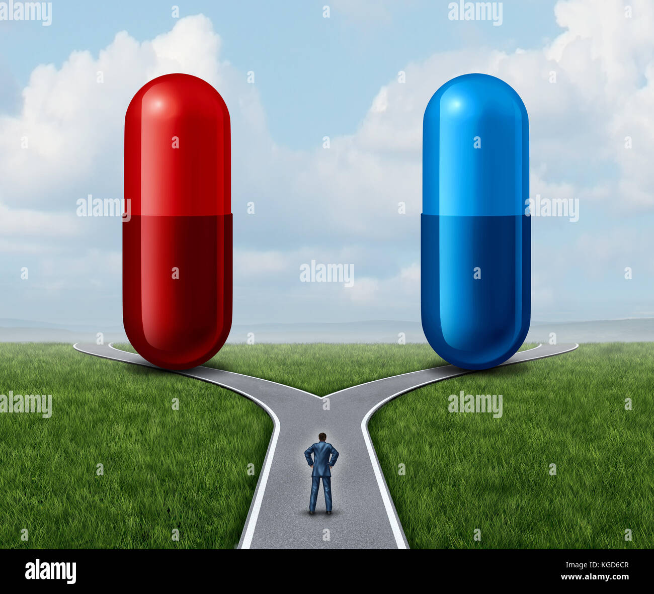 Pilule rouge et bleu choix comme une personne à un carrefour à la médication à capsules en tant que symbole de choisir entre la vérité et l'illusion. Banque D'Images