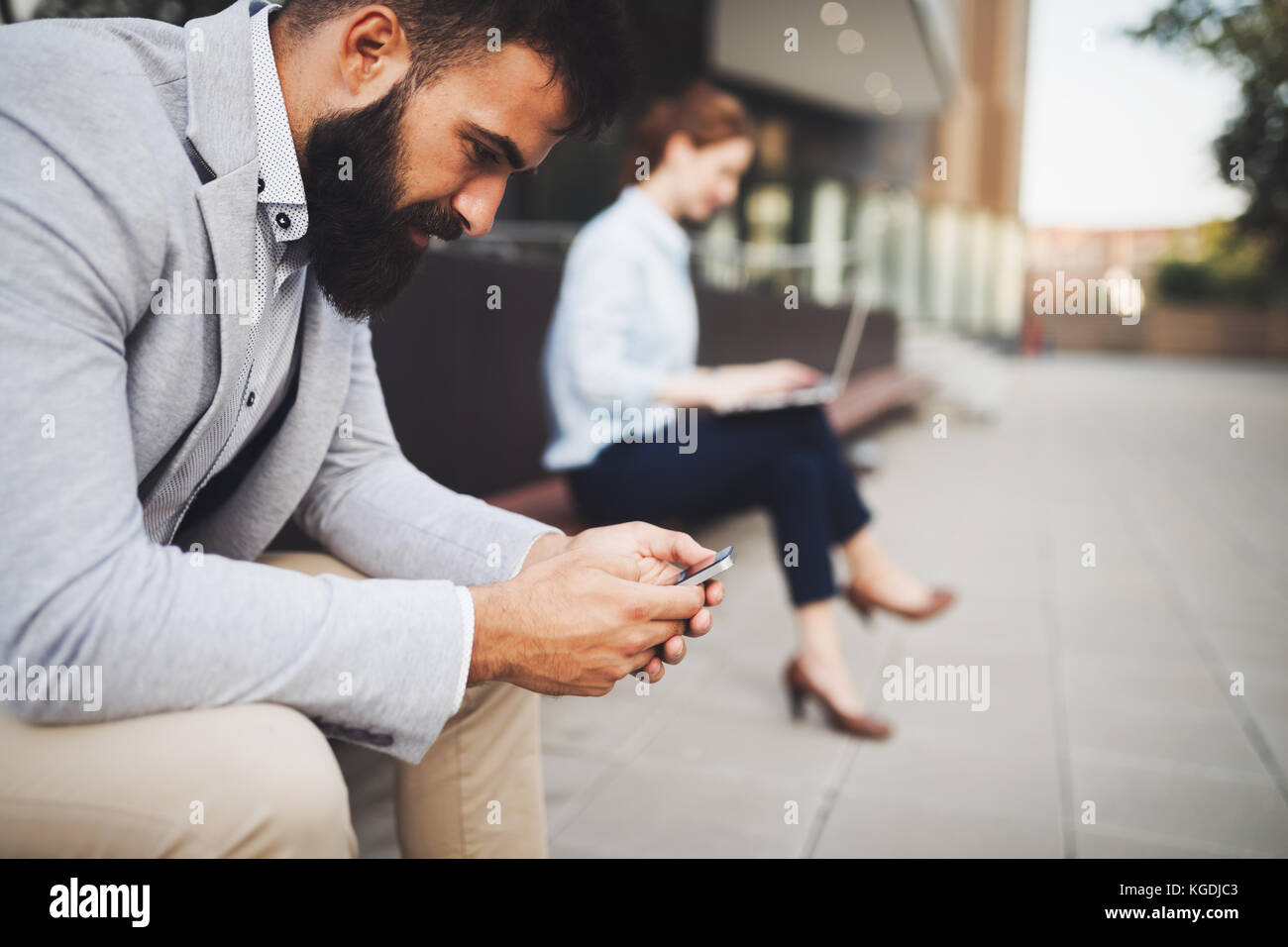 Portrait of young businessman in front of company Banque D'Images