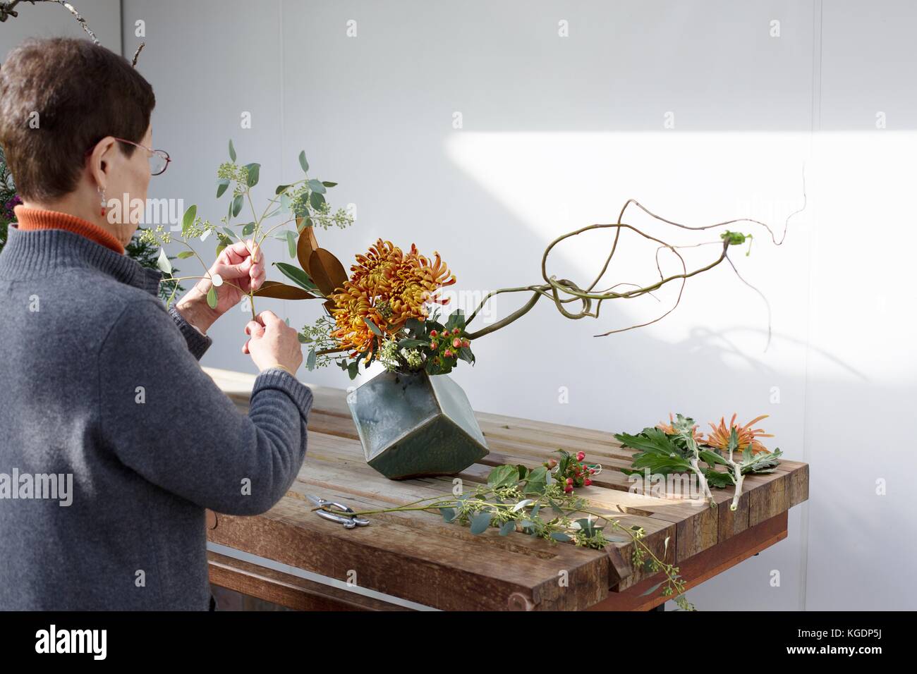Une femme de la création d'un arrangement floral ikebana au Conservatoire de Côme à St Paul, Minnesota, USA. Banque D'Images