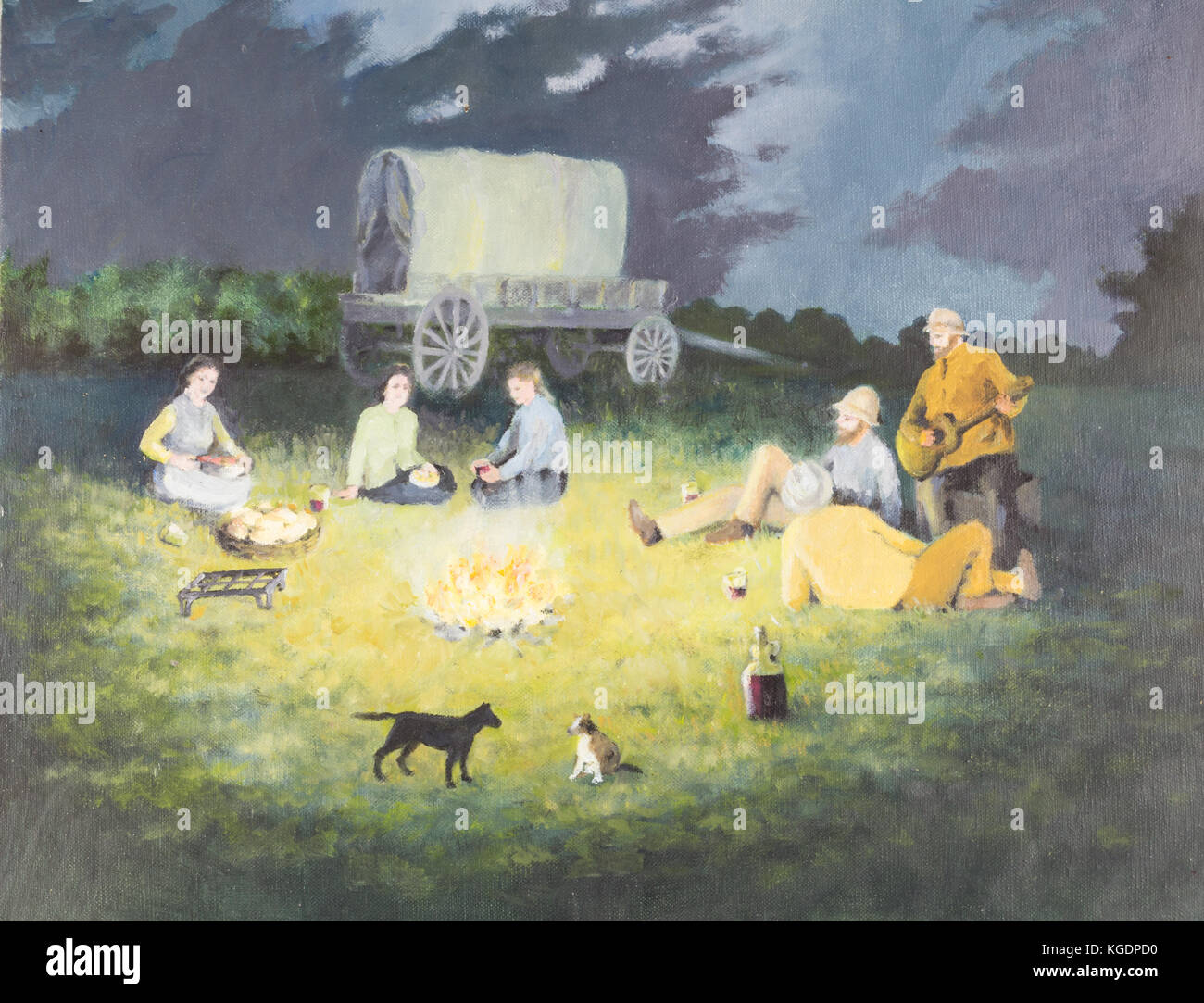 Peinture à l'huile originale sur toile - scène de camp pioneer avec les gens de préparer des aliments, playig guitare, chiens et de l'ouest couvert wagon en arrière-plan Banque D'Images