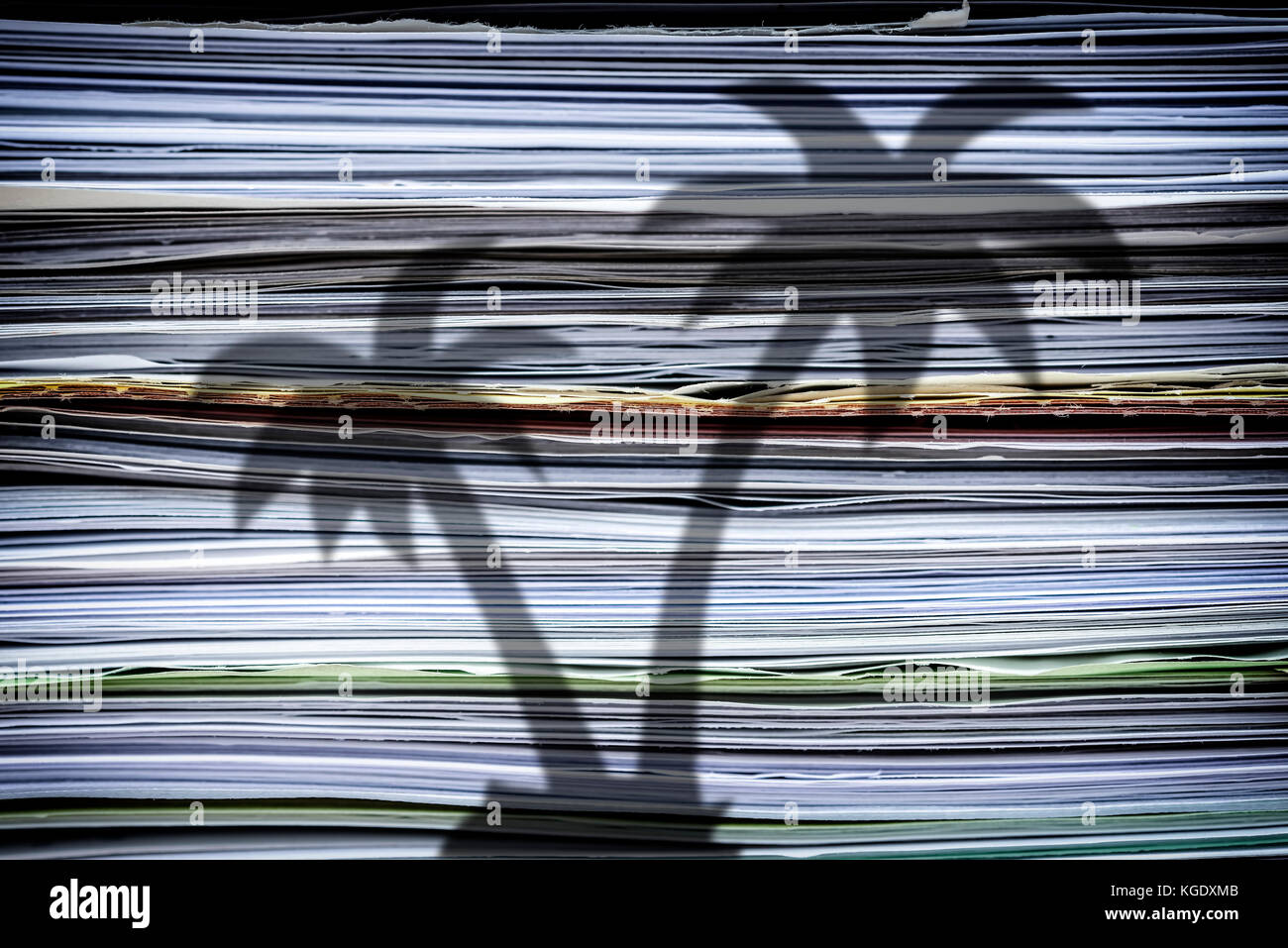 Ombre d'un palmier sur une pile de papier, documents de paradis Banque D'Images