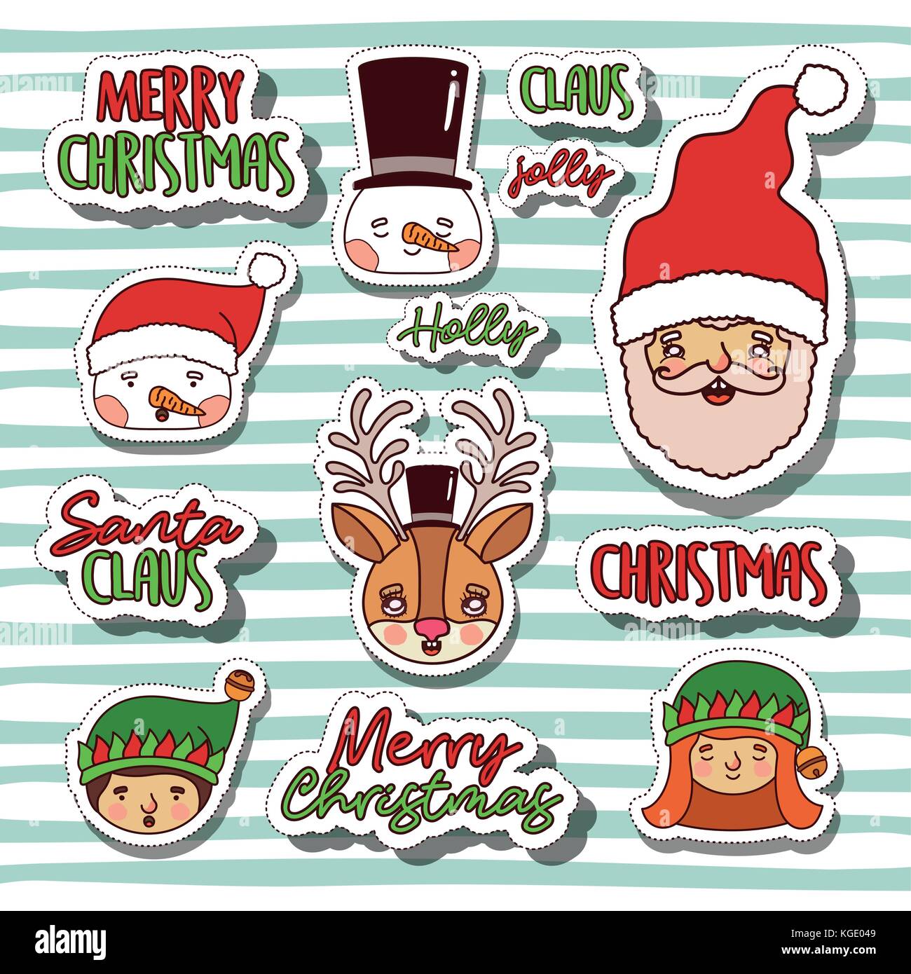 Joyeux Noel Avec Autocollants Visages De Snowman Et Lutins Et Le Pere Noel Et Les Rennes Avec Des Lignes De Couleur D Arriere Plan Image Vectorielle Stock Alamy