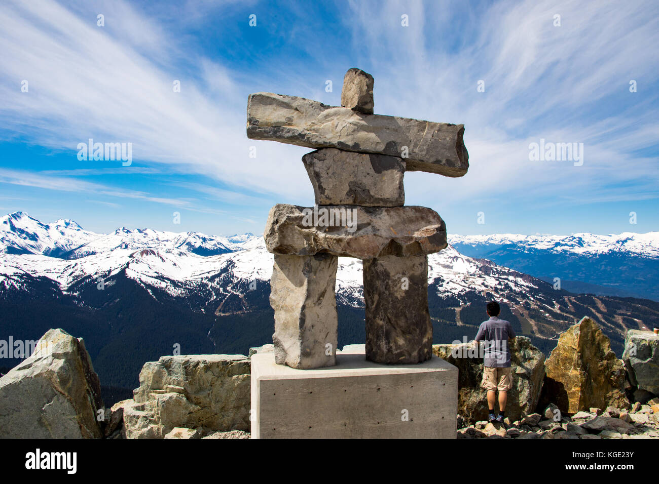 Les Inuit Inukshuk statue en pierre, Whistler Mountain Resort, Colombie-Britannique, Canada Banque D'Images