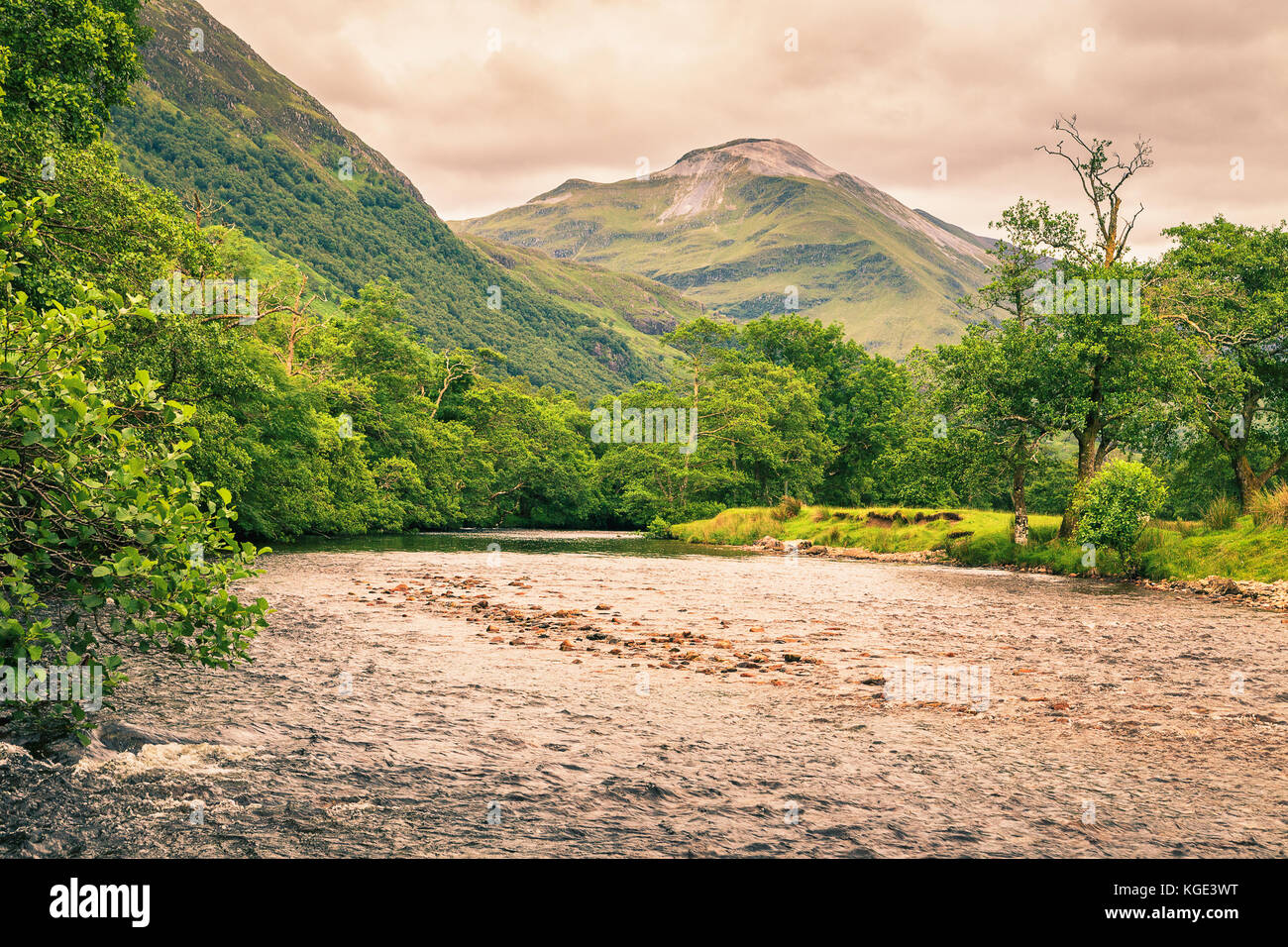 Rivière dans la vallée de Glen Nevis, Ecosse, Royaume-Uni. Nuageux soir d'été. Banque D'Images