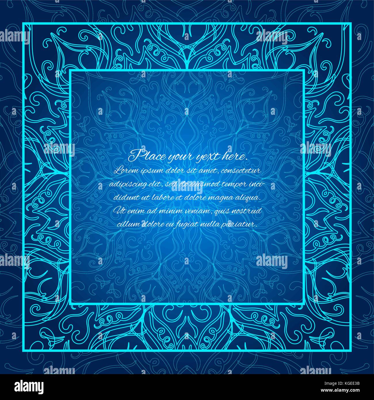 Bordure bleue.. invitation dentelle mandala rougeoyant. Illustration de Vecteur