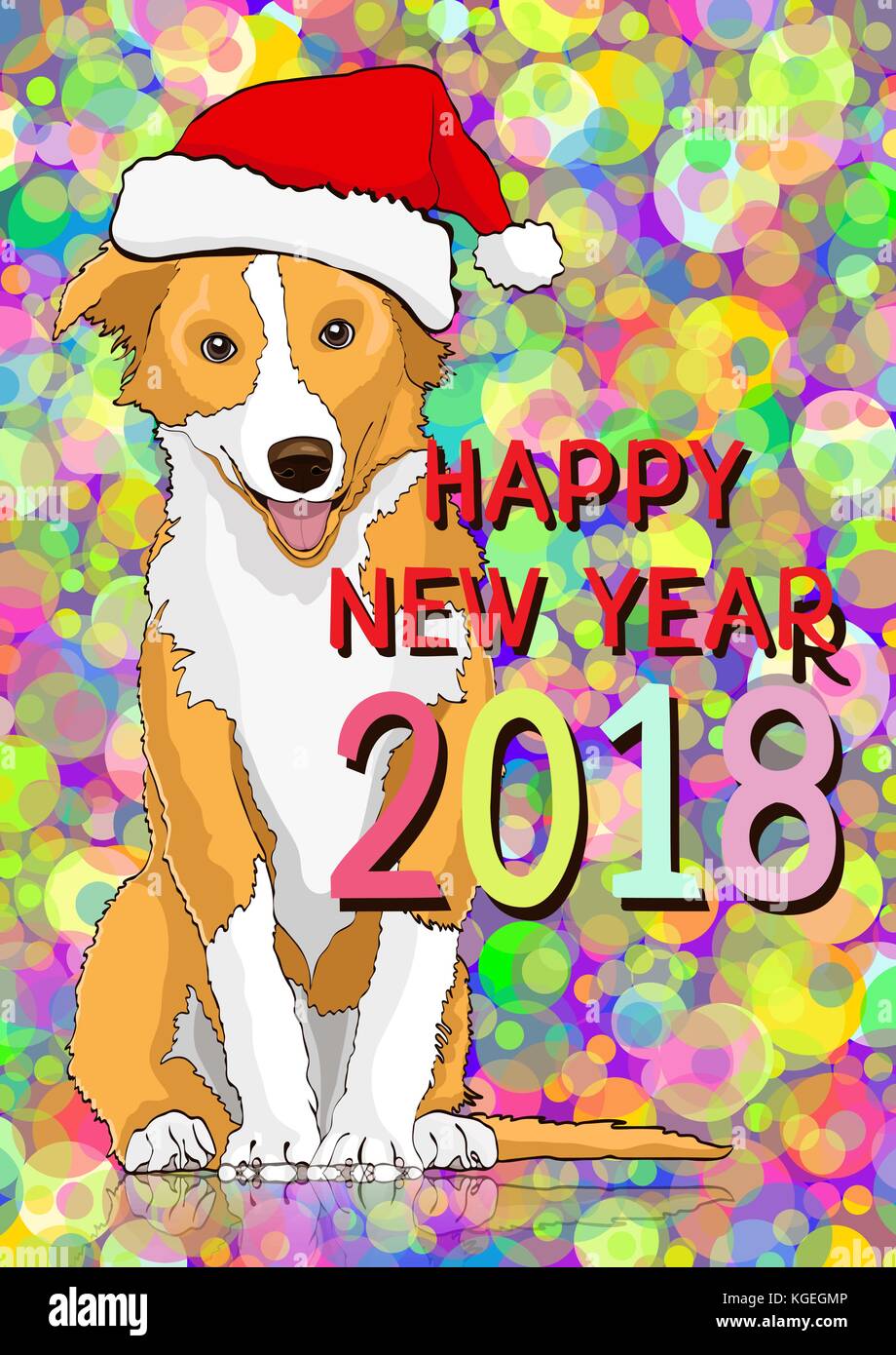 Bonne année, carte de nouvel an avec un chien jaune dans le santa claus hat, symbole de l'année 2018, dans un contexte de vives couleurs confettis. vector illustration, bannière, poster Illustration de Vecteur