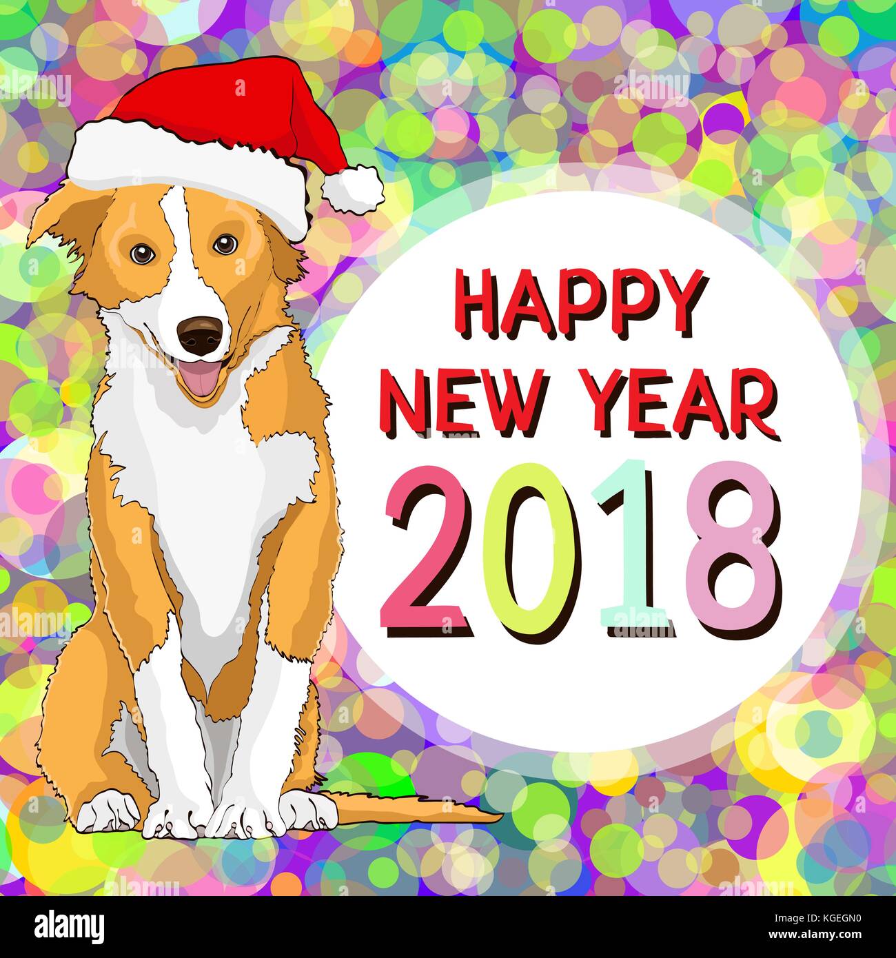 Bonne année, carte de nouvel an avec un chien jaune dans le santa claus hat, symbole de l'année 2018, dans un contexte de vives couleurs confettis. vector illustration, bannière, poster Illustration de Vecteur