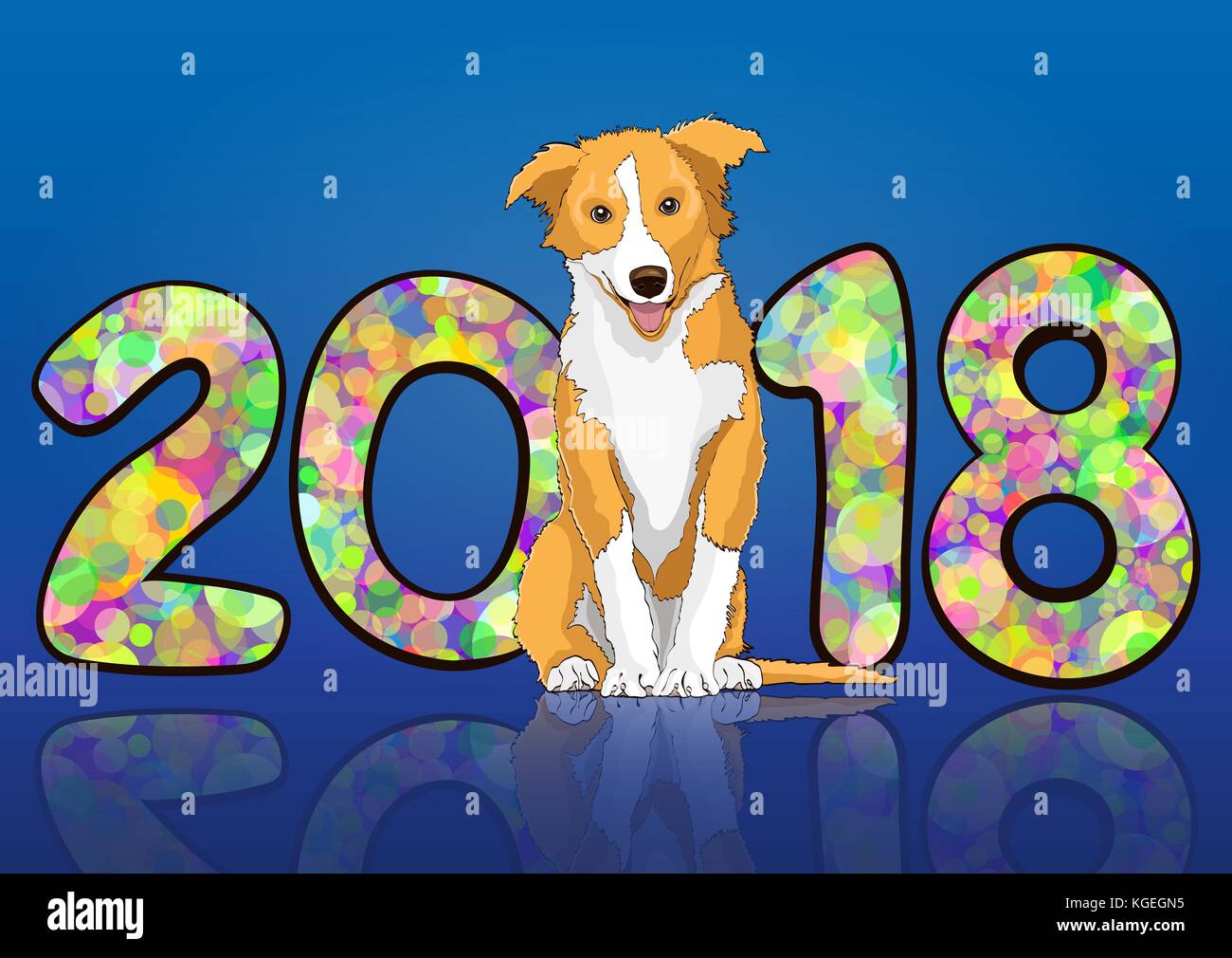 2018 Nombre de cercles colorés lumineux multicolore de confettis et appelée yellow dog symbole astrologique de l'année, sur un fond bleu avec réflexion. vector carte de nouvel an, bannière, poster Illustration de Vecteur