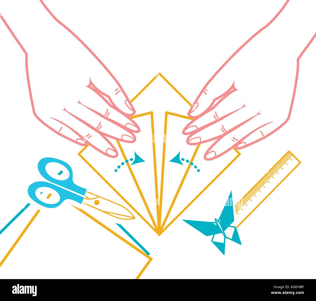 Concept de leçons d'origami, la créativité des enfants sous la forme de mains pliage feuille de papier. icône de style linéaire Illustration de Vecteur