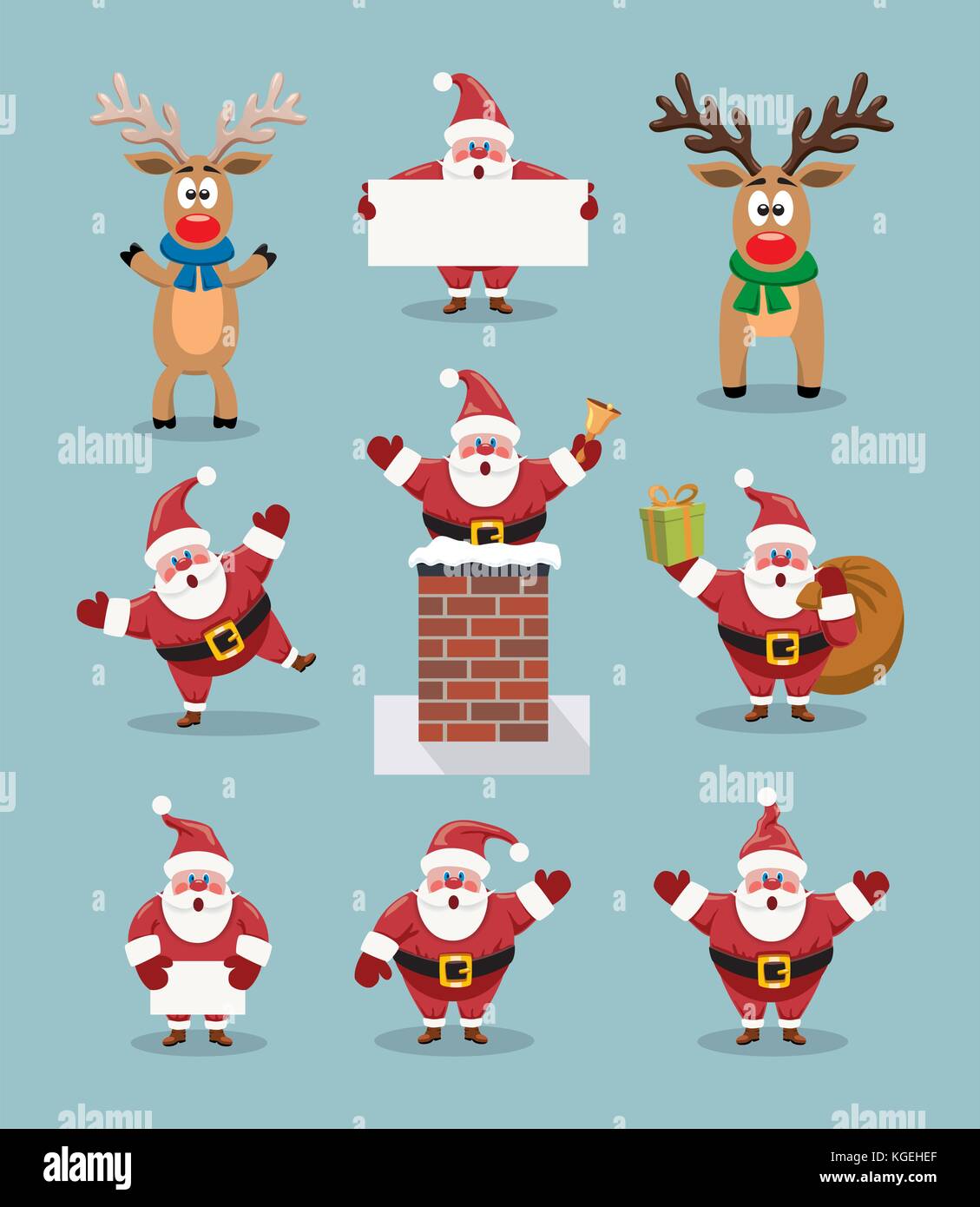 Vector collection de caricatures mignonnes du père noël et renne au nez rouge, rudolph. personnages loufoques pour joyeux noël et nouvel an des illustrations. Illustration de Vecteur
