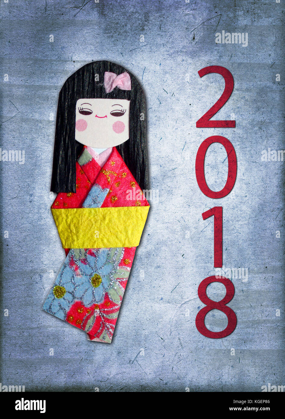 2018 La poupée de papier japonais kokeshi (carte de souhaits) Banque D'Images