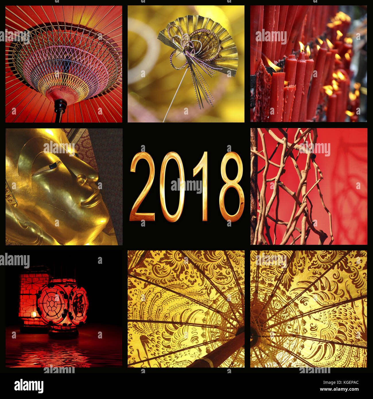 En 2018, rouge et or de l'Asie zen photo collage Banque D'Images