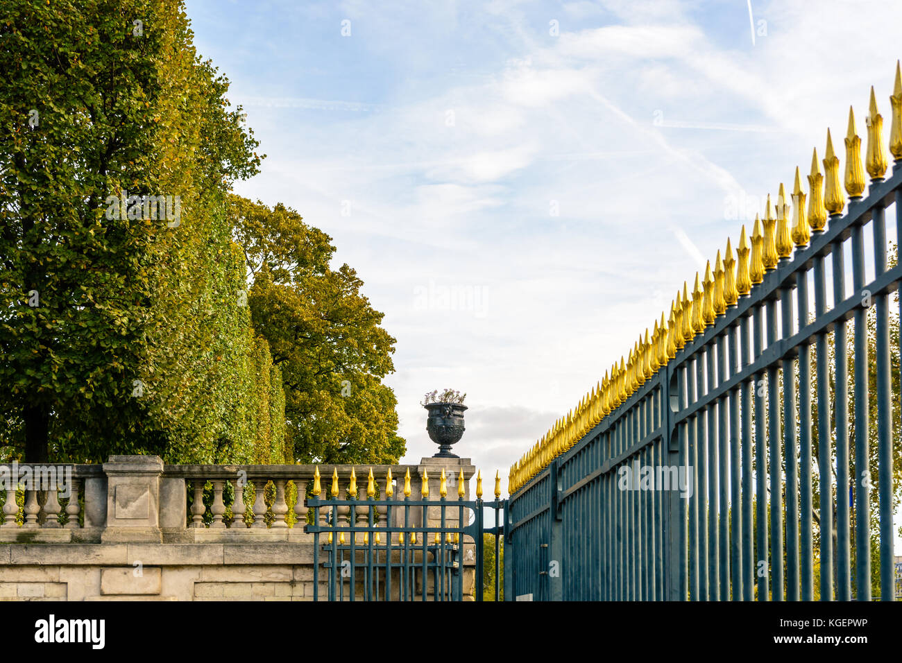 L'imposant pic de clôture en fer forgé du jardin des Tuileries à Paris et ses conseils en forme de fleur d'or. Banque D'Images