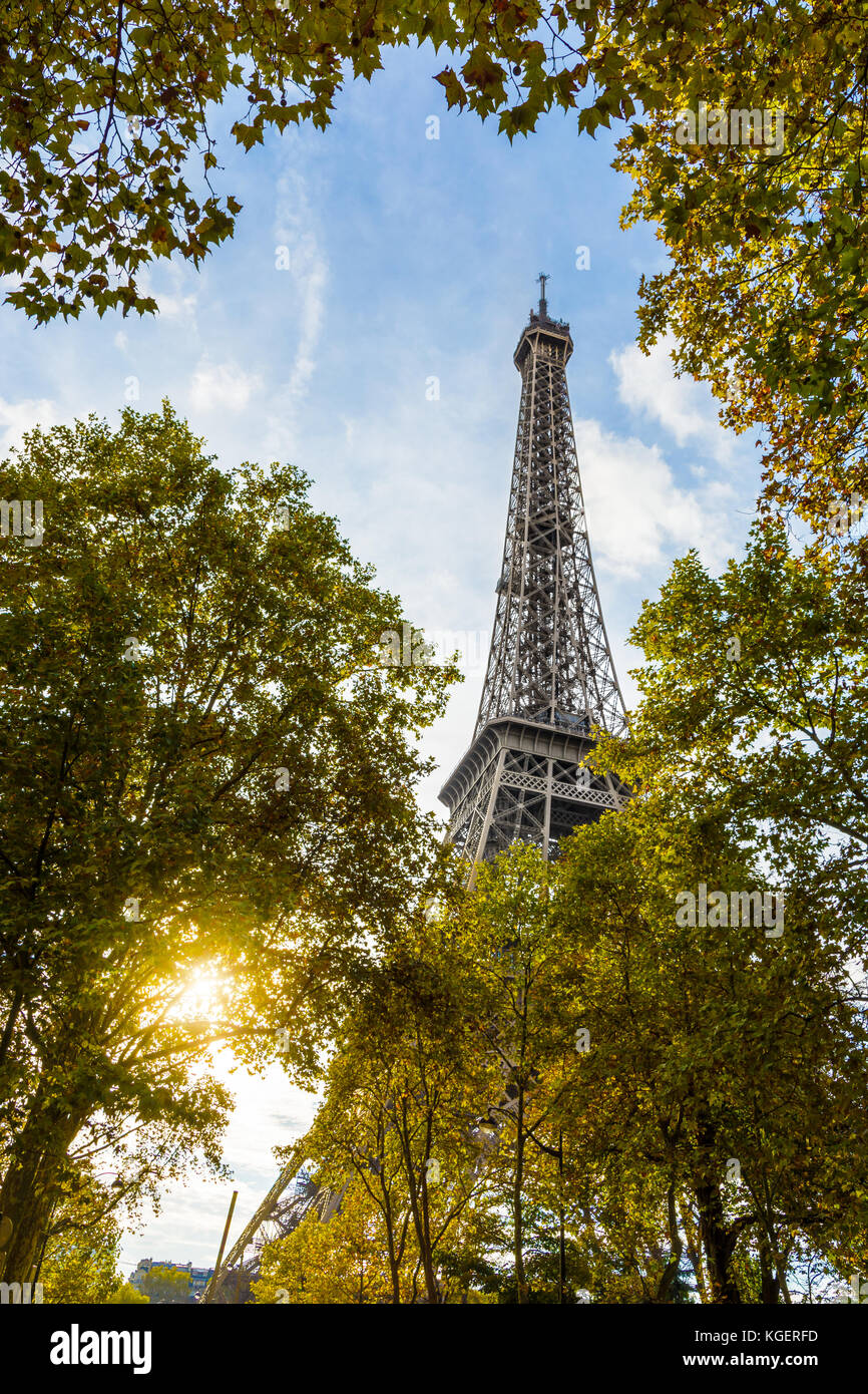 Vue de dessous de la Tour Eiffel entre les arbres en premier plan avec le coucher de soleil éclatant à travers le feuillage. Banque D'Images
