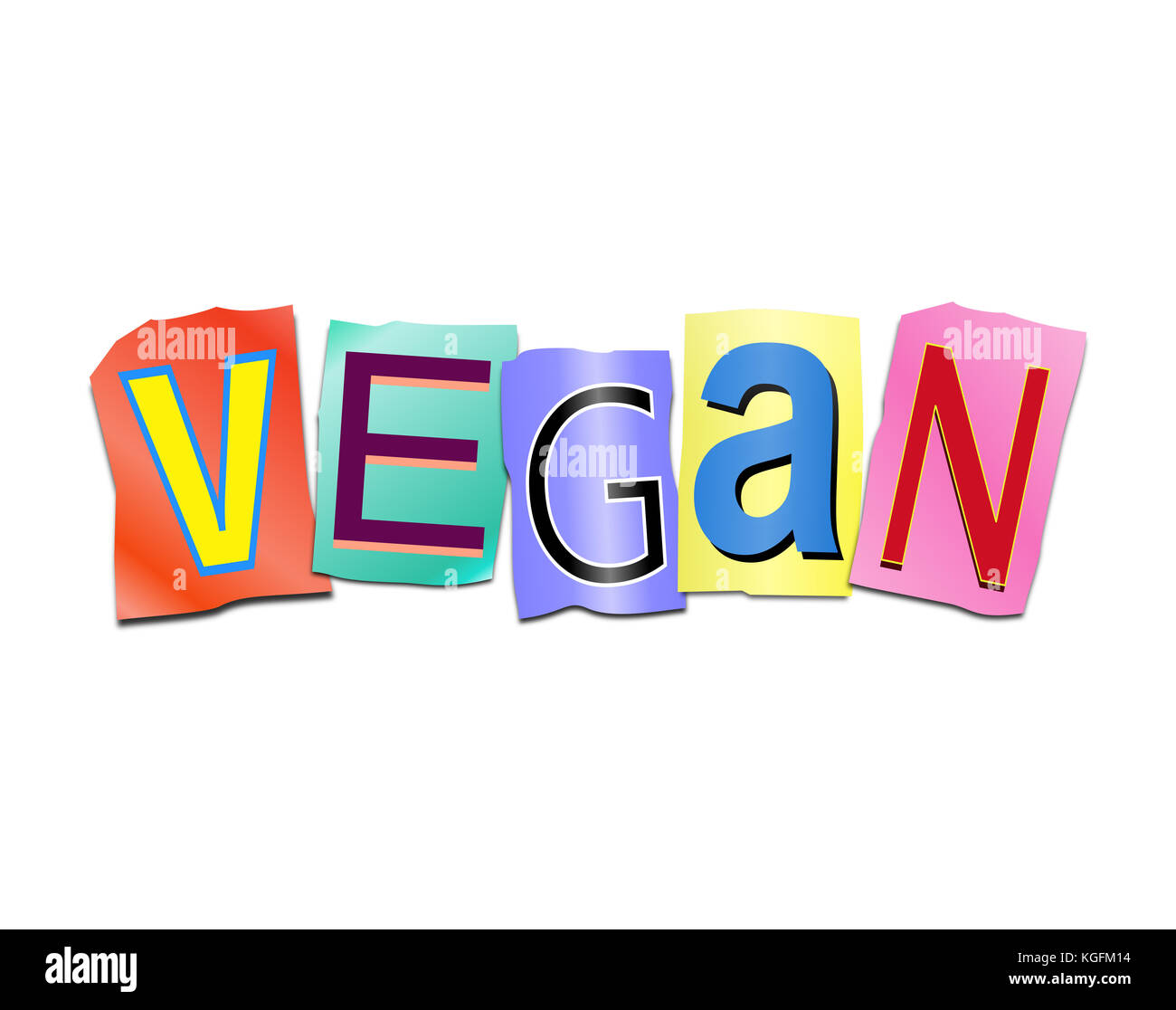 3d illustration représentant un ensemble de découper des lettres imprimées disposés pour former le mot vegan. Banque D'Images