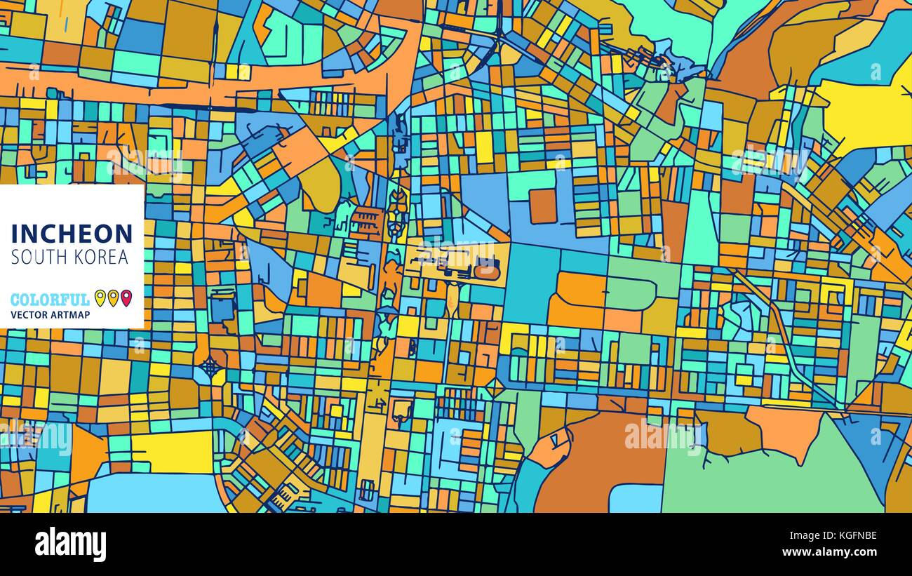 Incheon, Corée du Sud, Colorful Vector Artmap. Blue-Orange-Version jaune pour le site Web Infographie, l'Art de mur et fond de carte de Vœux. Illustration de Vecteur