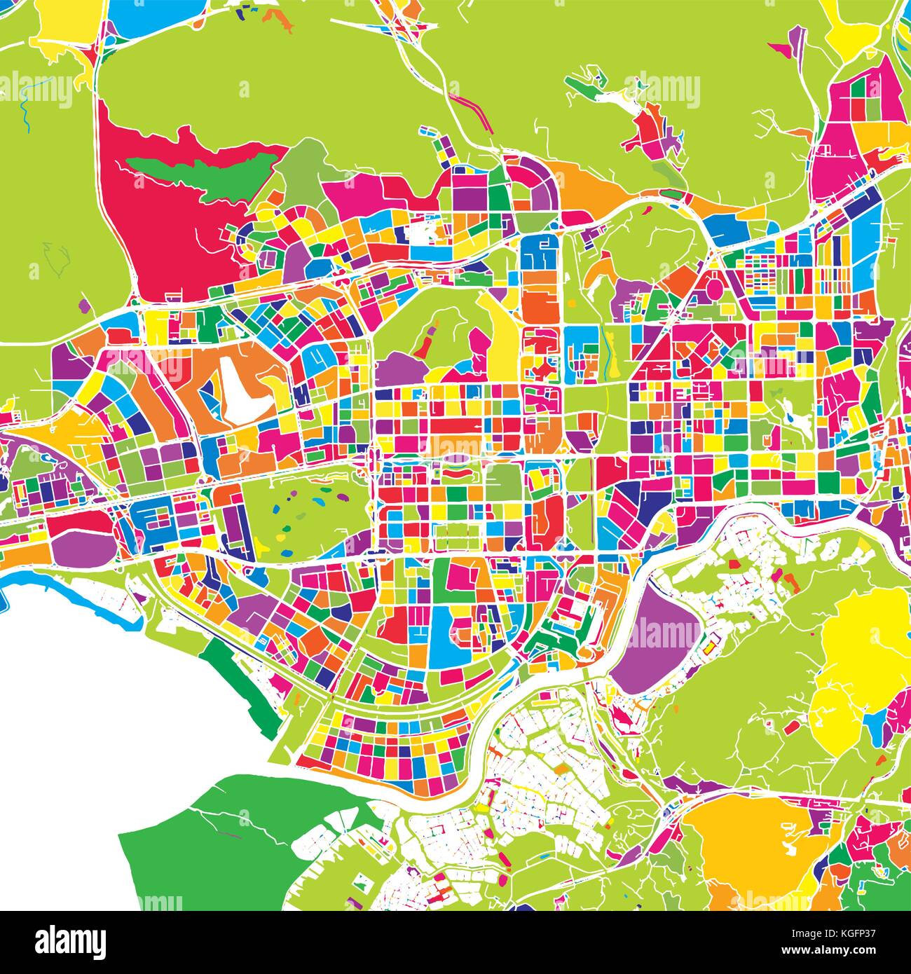 Shenzhen, Chine, coloré carte vectorielle. Rue Blanche, des chemins de fer et l'eau. Repère de couleur vive des formes. Art print pattern. Illustration de Vecteur