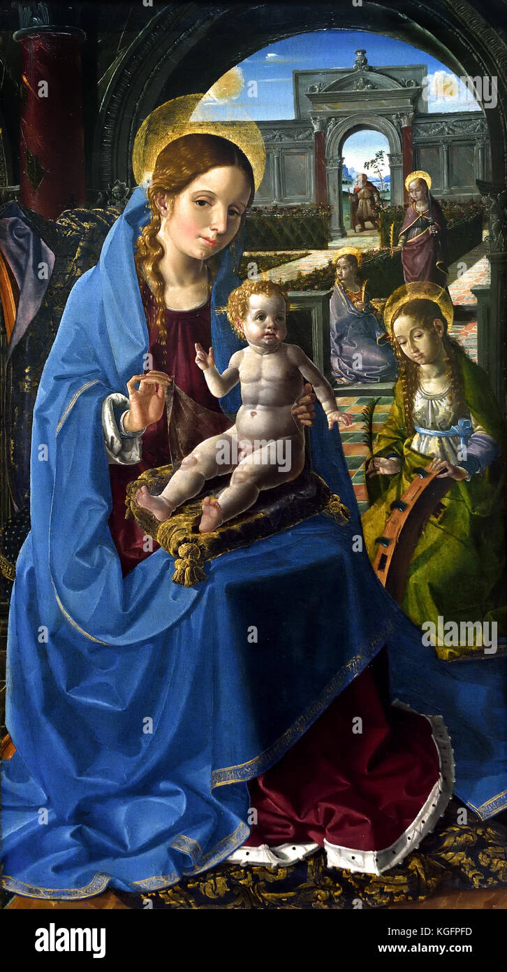 La Vierge et l'enfant avec les Saints 1495, Pablo da San Leocadio ou Paolo da Reggio 1447 - 1520 est un peintre italien de Reggio Emilia, qui a été principalement actif en Espagne. Banque D'Images