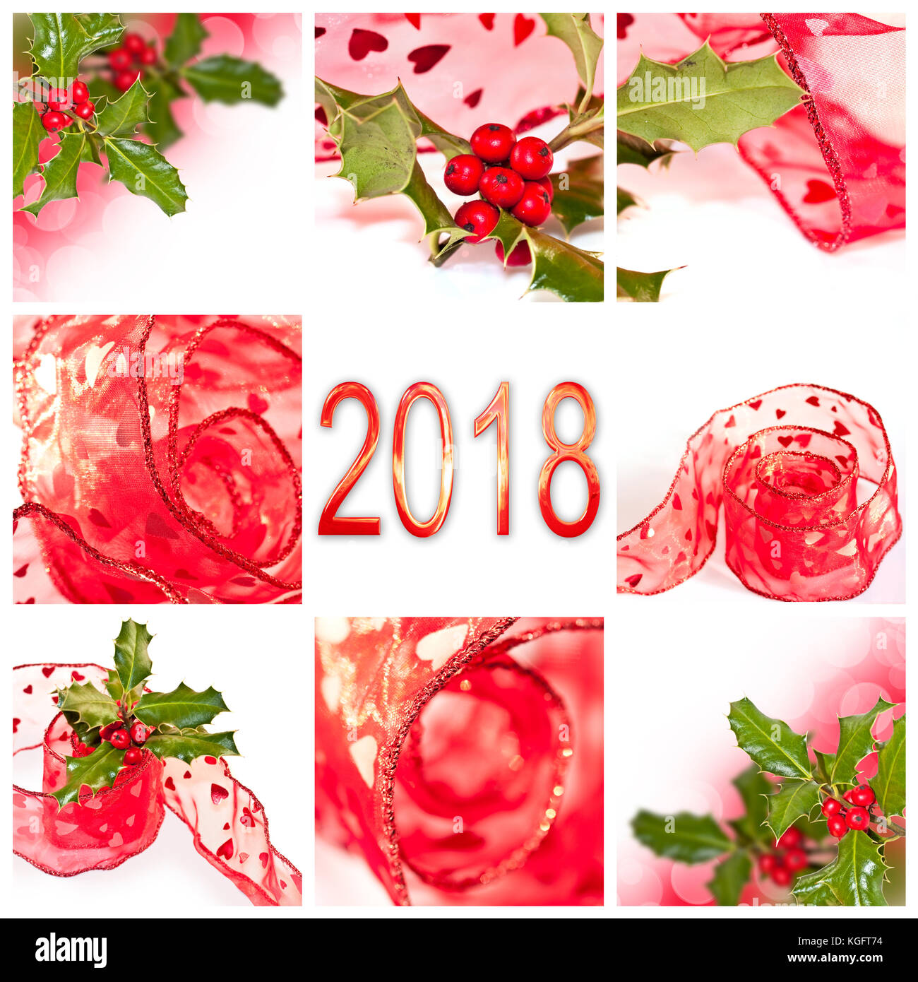 2018 ruban rouge et holly square carte de souhaits Banque D'Images