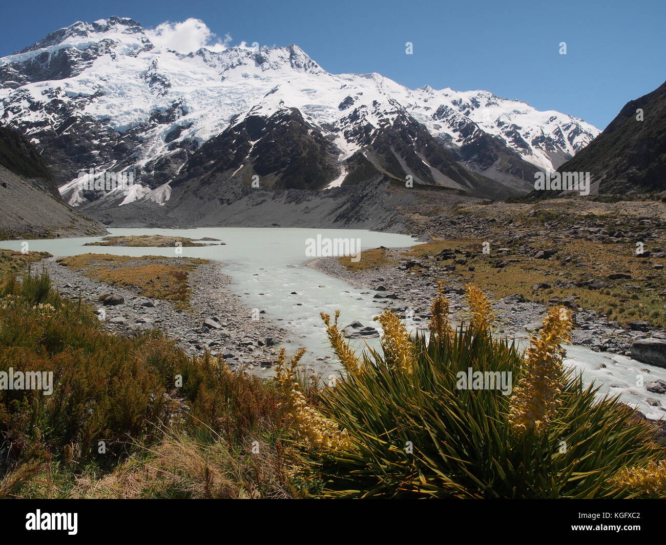 Voie lactée eau sortant d'un lac glaciaire au Mont Cook, Nouvelle-Zélande Banque D'Images