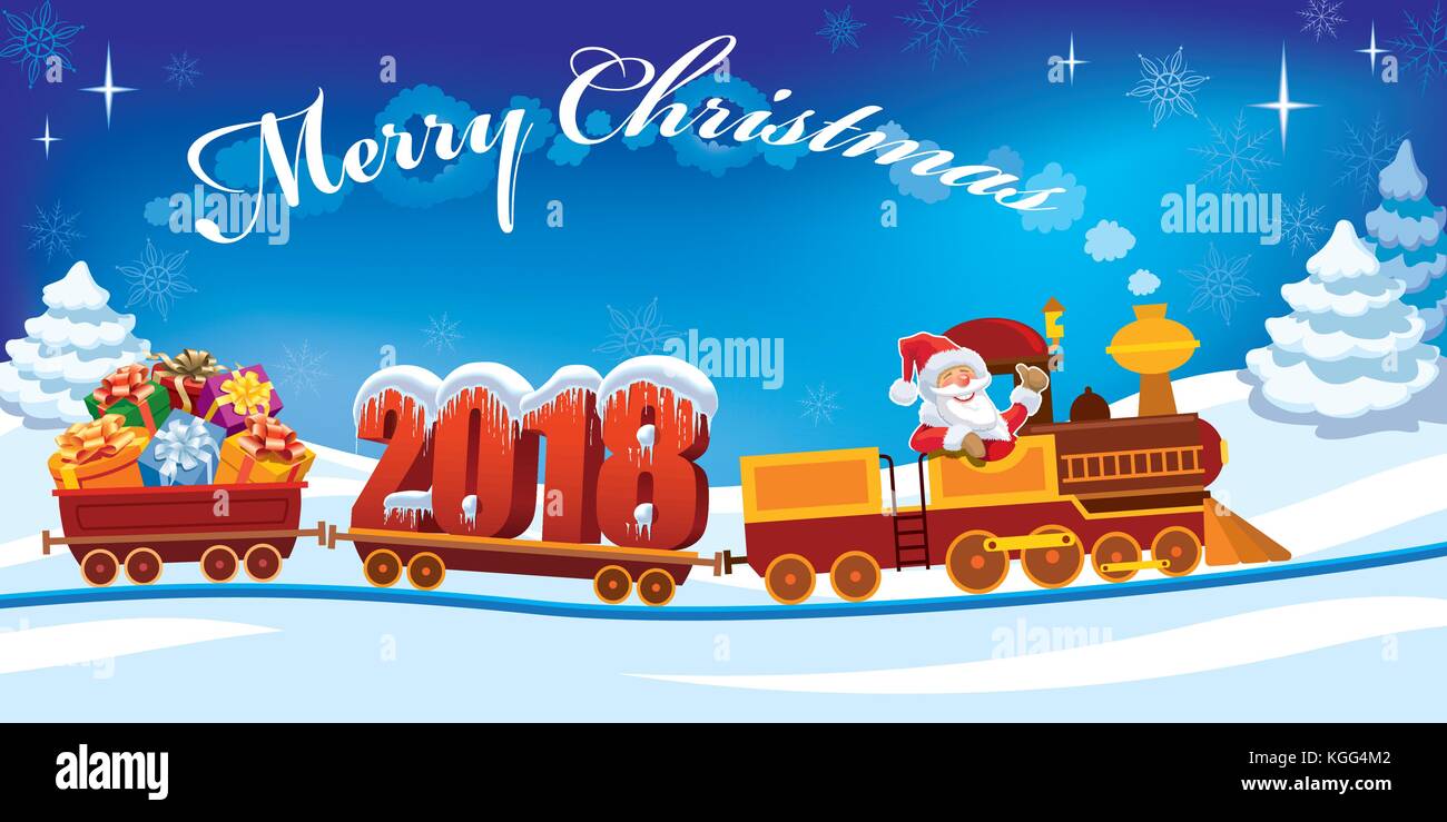 Nouvelle année 2018 et le père Noël dans un petit train avec des cadeaux, bonhomme de neige et l'arbre de Noël. Illustration de Vecteur
